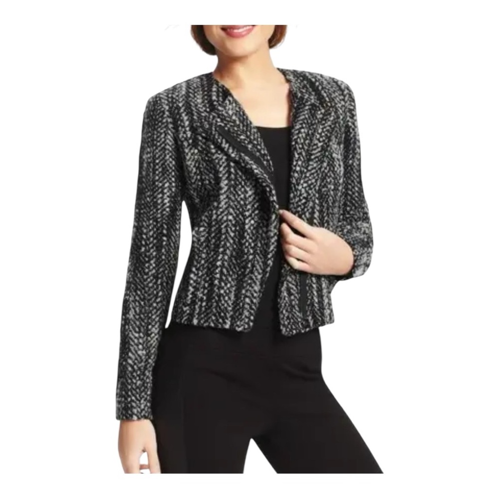 2010. CABI TWEED MOTO STYLE‎ BLAZER FULL ZIP BLACK/GRAY COLOR SIZE 14 ZIPPER